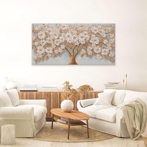 Large Canvas Wall Art Decor Modern White Flower Botanical Nature Wall Art Decor Gold Tree of Life Canvas Art Wall Decor For Living Room Wall Decor Floral Tree Artwork For Bedroom Home Office 24"×48"