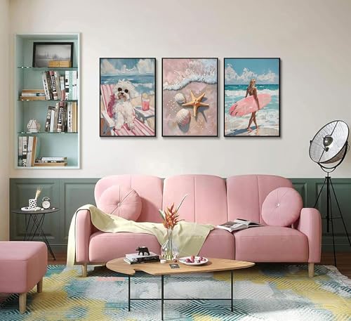 3Pcs Pink Beach Preppy Wall art Retro Beach seashell and starfish poster printing Pink surfboard dog painting wall Decor for Girls Room dormitory apartments Home Decoration Unframed (3 Count)