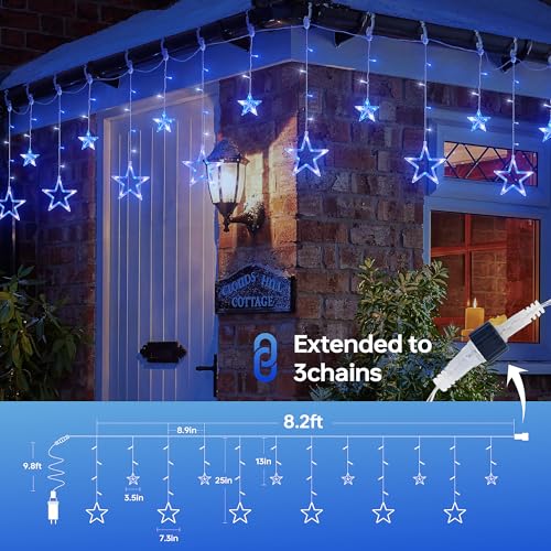 8.2FT 126L Blue White Christmas Star Icicle Curtain Lights Indoor (126 Count)