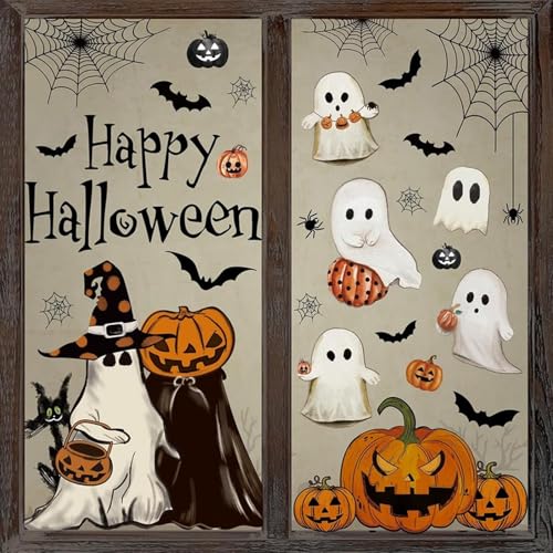 Halloween Ghost Window Clings for Glass 6 Sheets Cute Window Decals Spooky Window Stickers Pumpkin Spider Windows Cling for Halloween Fall Party Home School Office Glass Supplies Decorations (6 Count)