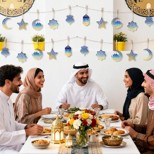 36PCS Wooden Ramadan Decorations Eid Islam Mubarak Ornaments Mubarak Hanging Hollow Pendant to Paint (36 Count)