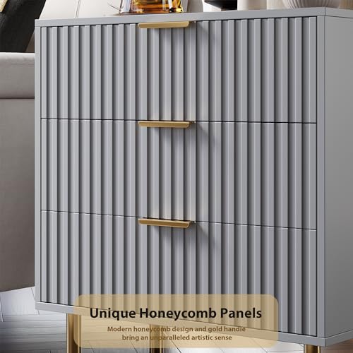 Fluted Grey 3 Drawer Dresser for Bedroom with Deep Drawers