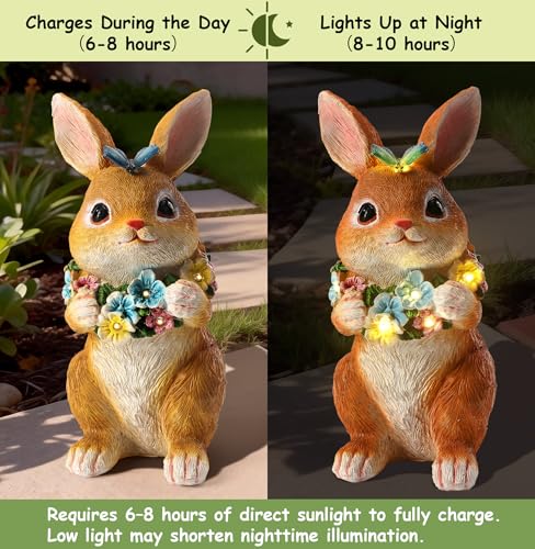 Solar Garden Statues Outdoor Bunny Decorations with Butterfly & Flowers Gifts for Mom