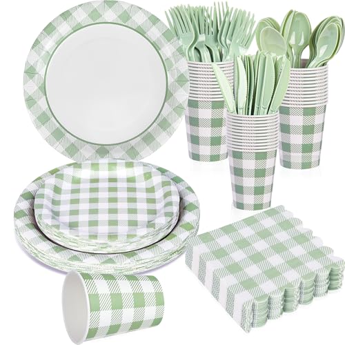 175 Pcs Sage Green Gingham Paper Plates and Napkins Cups (175 Count)