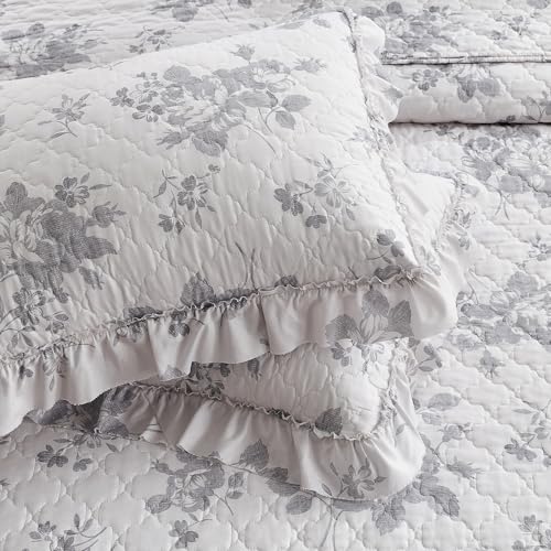 Greyish Blue Ruffled Quilt Queen Size with 2 Pillow Shams