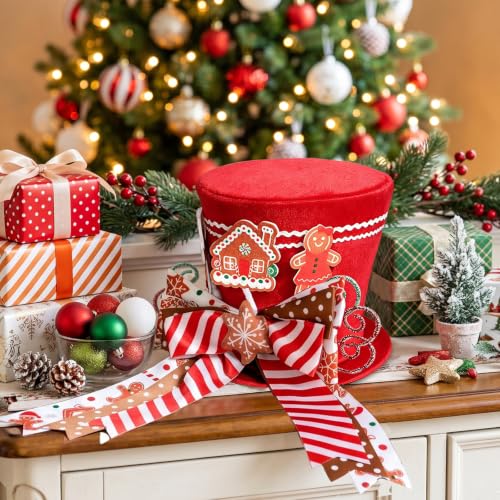 Gingerbread Christmas Tree Topper Red Top Hat with Candy Cane