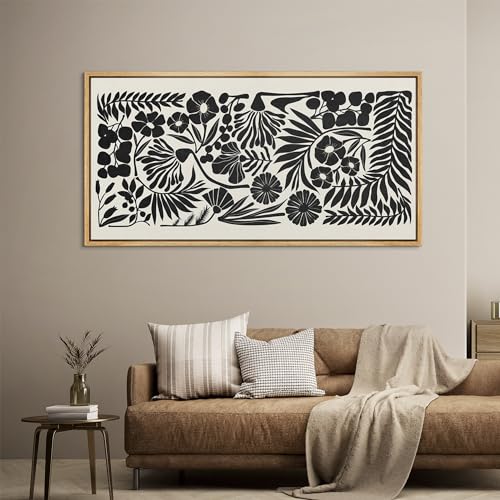 Extra Large Framed Canvas Print Wall Art Monochrome Botanicals Black and White Floral Illustrations Antique Retro Fine Art Illustrations Decorative Colorful for Bedroom