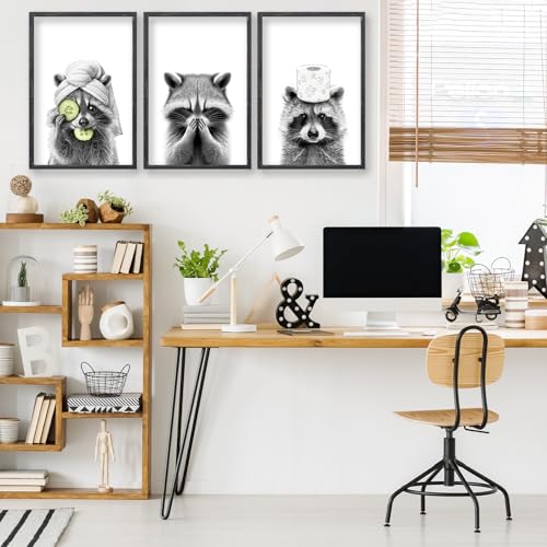 Raccoon Bathroom Wall Art Decor Set of 3 16x11 Inch Black