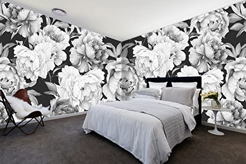 Black and White Peonies Wallpaper Watercolor Floral Mural Wallpaper for Bedroom Living Room