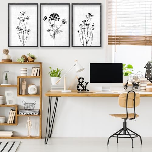 Flower Plant Wall Art Decor 24"x16" Set of 3 Black And White (3 Count)