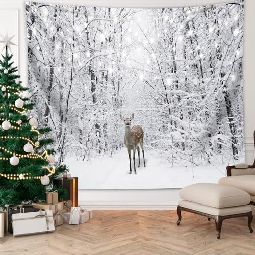 Winter Tapestry Wall Hanging Snow Scene Backdrop Winter Wonderland Wall Decor Snowy Forest Wall Art Nature Woodland Deer Tapestry for Bedroom Room Dorm Party Decoration