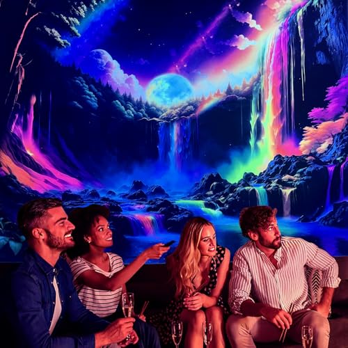 Blacklight Rainbow Waterfall Tapestry 59"x51" UV Reactive Trippy Wall Hanging Rainbow Aesthetic Waterfall Wall Posters Bedroom Spiritual Room Decor