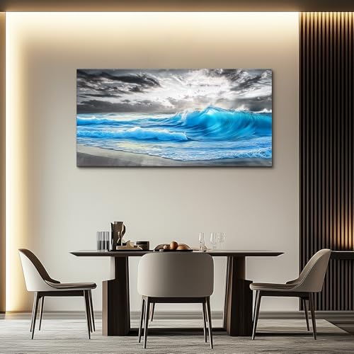 Large Canvas Blue Sea Wave Ocean Painting Wall Decor 30x60 In