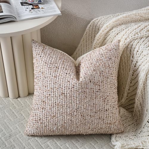 Striped Throw Pillow Covers 22x22 Set of 2 Beige Textured Boucle Chic Morden Boho Accent Farmhouse Square Decorative Couch Pillow Covers for Home Decor Bed Sofa Living Room (2 Count)