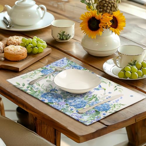 Blue Hydrangea Placemats Set of 4 Spring Summer Floral Green Leaf Bird Table Mat 12x18 Inch Rustic Daisy Flowers Hummingbird Place Mats for Party Kitchen Dining Outdoor Indoor Decor (4 Count)