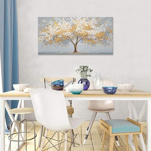 Canvas Wall Art Decor Gold Silver Tree of Life Canvas Art Wall Decor For Living Room Modern Botanical Nature Canvas Prints Elegant Metallic Leaf Tree Wall Art Decor For Bedroom Home Office Decor 20"×40"
