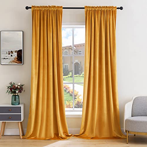 Mustard Yellow Blackout Velvet Curtains Drapes 84 Inch Long 52"x84" (2 Count)
