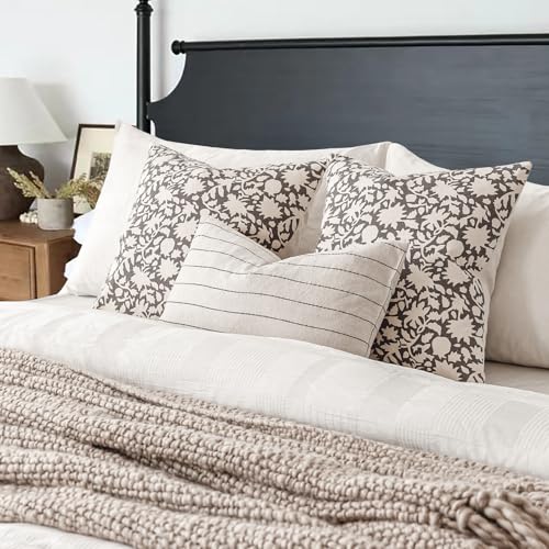 Set of 2 Decorative Neutral Floral Throw Pillow Covers Accent Farmhouse Cushion Covers Boho Lumbar Pillowcase for Couch Sofa Bedroom Living Room Home Decor (2 Count)