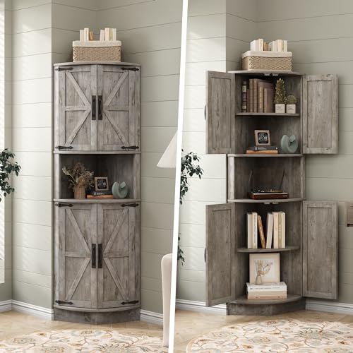64.8" Tall Farmhouse Corner Cabinet with 4 Doors and 5 Storage Shelves