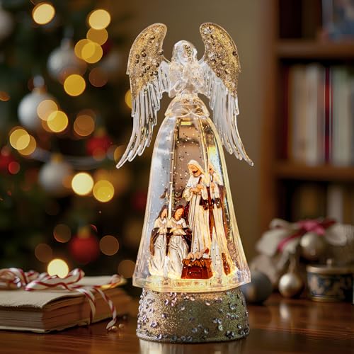 Christmas Snow Globe Lantern Water Glittering Angel & Nativity with Music & Timer