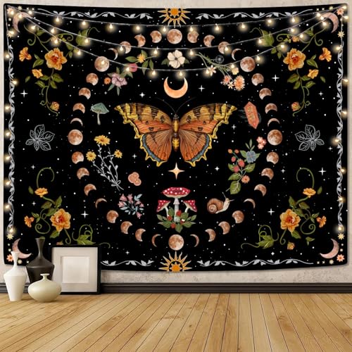 Orange Butterfly Moon Flower Tapestry Botanical Floral Plant Boho Tapestry for Bedroom Aesthetic Vintage Tapestries Wall Hanging for Living Room Dorm