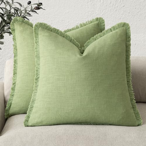 Decorative Linen Fringe Throw Pillow Covers 26×26 Lime Green (2 Count)
