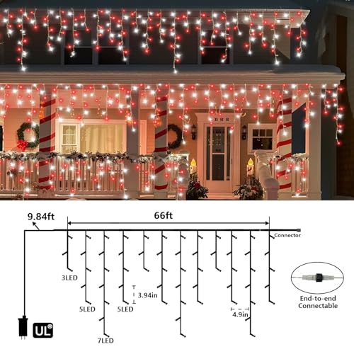 Red and White Icicle Lights for Outside (66 Foot)