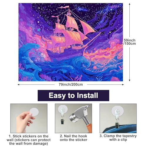 Blacklight Tapestry Ocean Ship Neon Wall Art 78 x 59 Inch