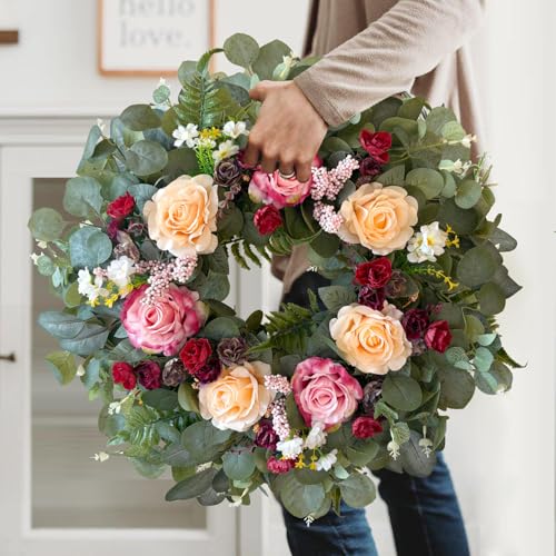 24 Inch Pink Champagne Rose Spring Wreath for Front Door