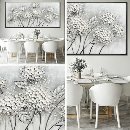 Grey and White Hand Painted Wall Art Flower Canvas Artwork Contemporary Oil Paintings 40"x86" Decorations for Bedroom Office