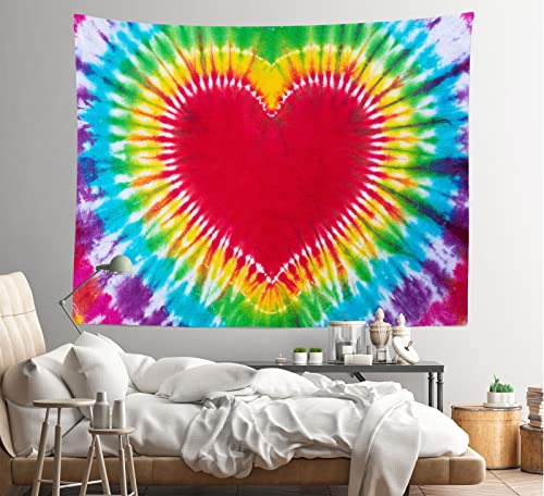 Colorful Tie Dye Tapestry Rainbow Heart Tie Dye Watercolor Wall Hanging Abstract Hippie Wall Decor LBGT Party Supplies Home Bedroom Living Room Decor W106 x H70 inches