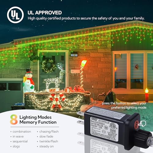 33FT 360 LED Red Green Christmas Icicle Lights
