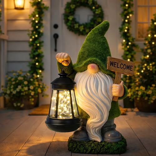 Garden Gnome Statue with Solar Lantern Welcome Sign Outdoor Decor for Porch Lawn Patio Yard Holiday Decorations Housewarming Christmas Decor Gifts for Women