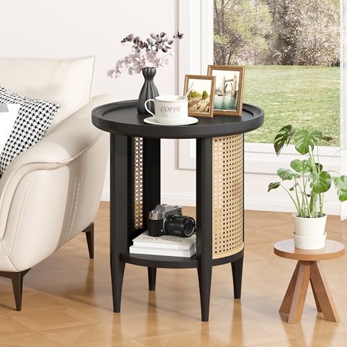 Round End Table Rattan Style Side Table with Solid Wood Legs
