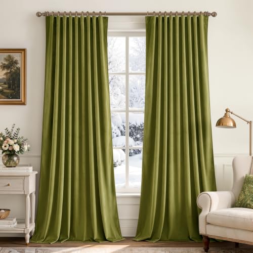 Moss Green Velvet Pinch Pleat Blackout Curtains W52 X L108 Inches