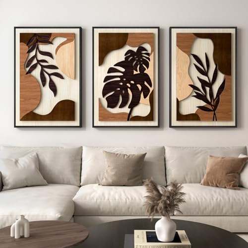 Large Framed 3D Wood Boho Tropical Wall Decor for Living Room (3 Count)