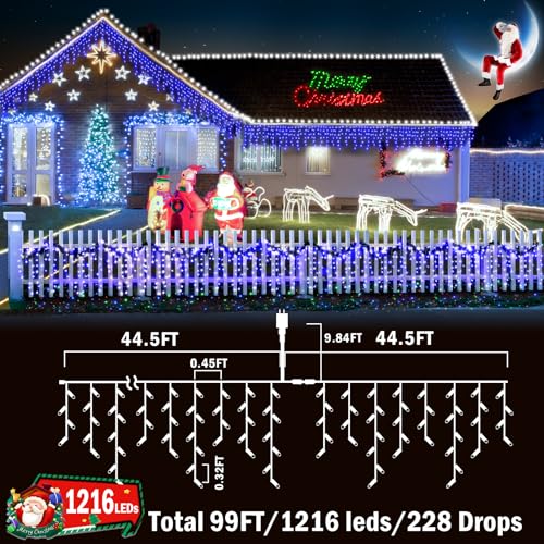 Christmas Lights Outdoor Decorations 1216 LED 99ft 8 Modes Curtain Fairy String Light with 228 Drops