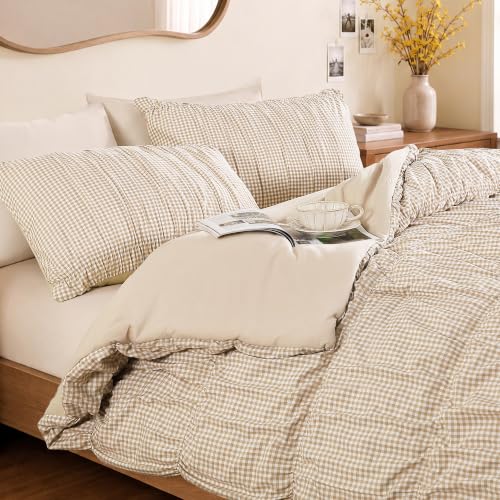 Tan Gingham Twin XL Comforter Set