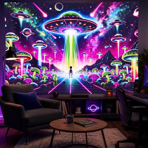 Blacklight Tapestry Alien UFO Neon Decor 78 x 59 Inch