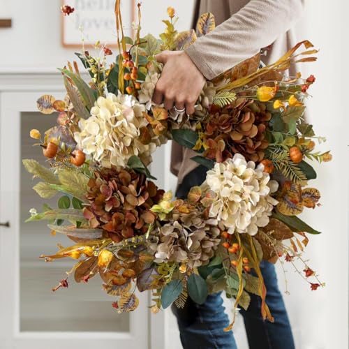 24 Inch Fall Wreaths for Front Door with Hydrangea