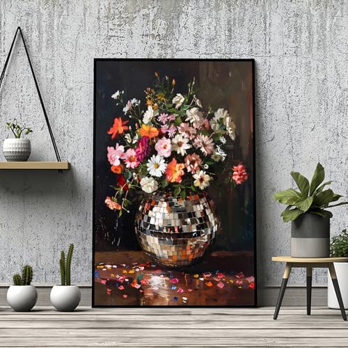 Colorful Moody Florals Disco Ball Canvas Wall Art