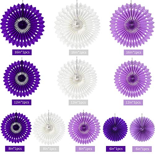 Honeycomb Round Paper Fans Purple White Hanging Party Decoration (9 Count)
