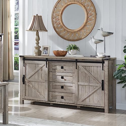 60 Inch Farmhouse Dresser with 4 Drawers and Sliding Barn Doors