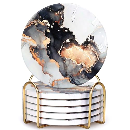 6 Pcs Black Marble Abstract Ceramic Coasters with Holder for Coffee Table (6 Count)