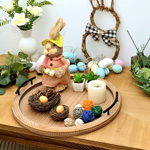 18Inch Brown Wooden Beaded Serving Tray with Handle Decorative Rustic Tray for Coffee Table Farmhouse Round Trays for Kitchen