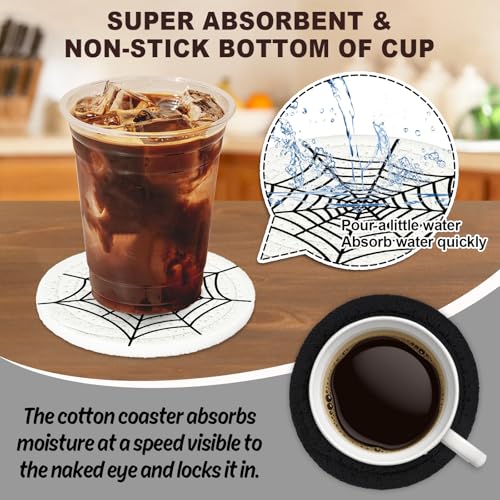 Halloween Handmade Braided Cotton Coasters Black White Ghost Bat Cat Spiderweb Drink Coasters Absorbent Cup Mat for Halloween Party Home Office Decor (4 Count)