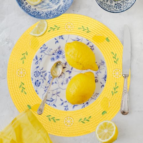 4Pcs Lemon Embroidered Placemats Round Place Mats Summer Lemon Greenery Leaves Dinner Table Mats for Home Wedding Baby Shower Birthday Party Decor (4 Count)