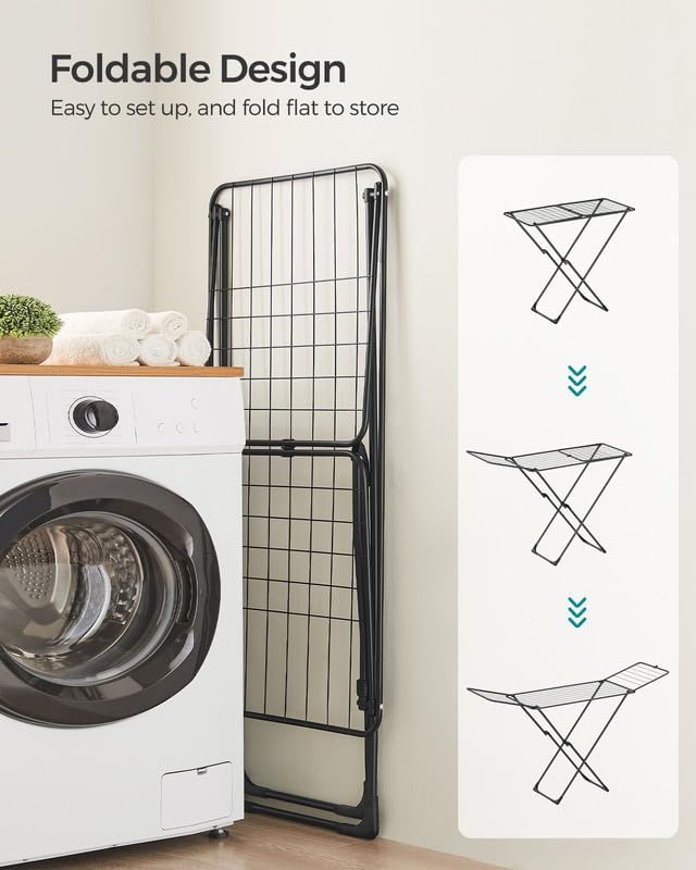 SONGMICS Clothes Drying Rack, Metal Laundry Drying Rack, Foldable, Space-Saving, Free-Standing Airer, with 2 Gullwings, Indoor Outdoor Use, Bed Linen Clothing, Black ULLR540B01 - NestledHome