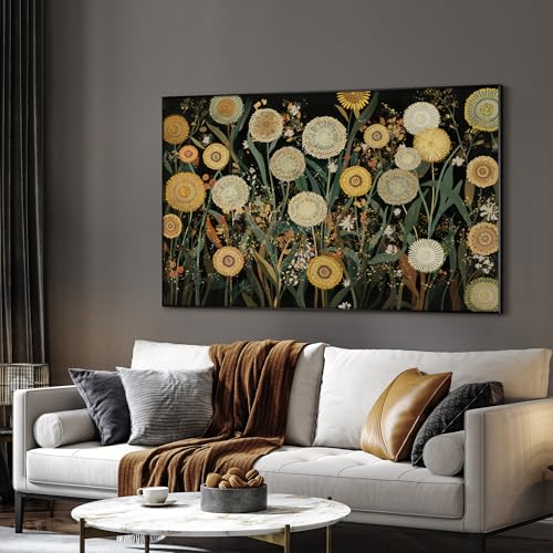 30"x60" Extra Large Framed Wall Art Whimsical Dandelion Field in Yellow and Green