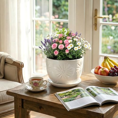 7 Inch Round White Ceramic Plant Pot with Drainage Hole and Attached Saucer